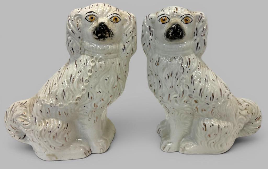 Antique Staffordshire Spaniels: 2 Antique Staffordshire Spaniels. Approx. 10 x 9 x 4 inches.