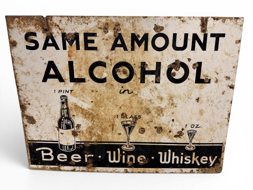 Women's Temperance Movement Alcohol Warning Sign: Rare. Women's Christian Temperance Union Alcohol Warning Double Sided Porcelain Enamel Sign. Prohibition era. Approx. 48 x 36 inches. A Friendly Glass may cause an Unfriendly Crash. Same Amount Alcoho