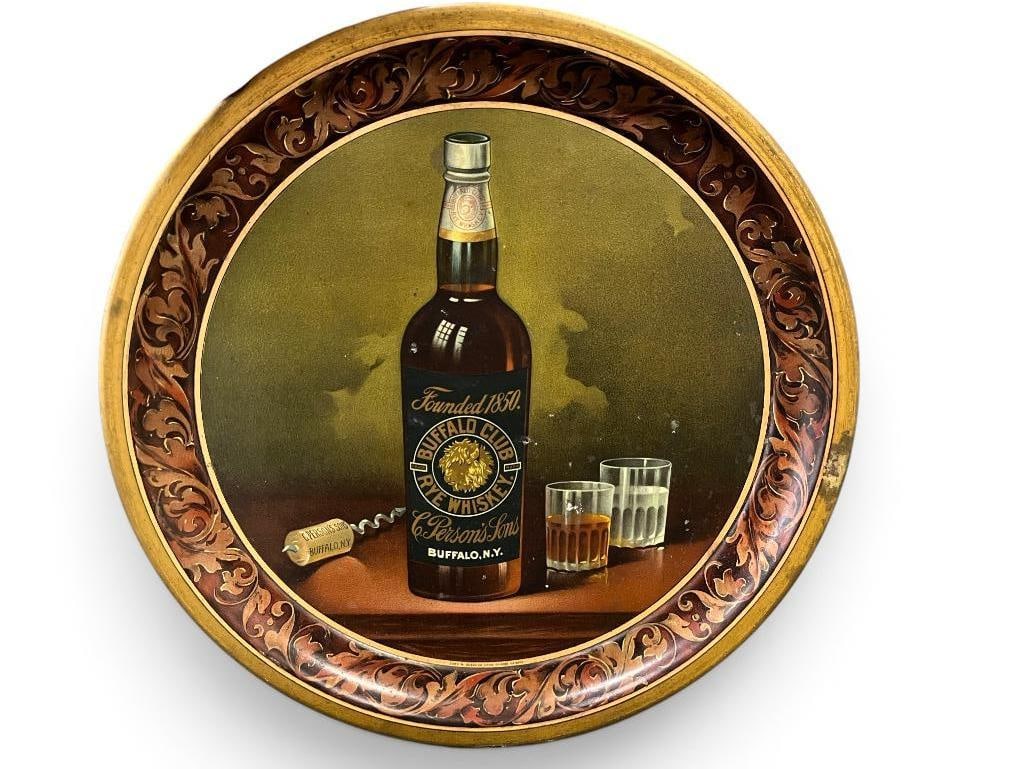 Buffalo Club Rye Whiskey Tin Serving Tray: Buffalo Club Rye Whiskey Tin Serving Tray. Approx. 12 inches.