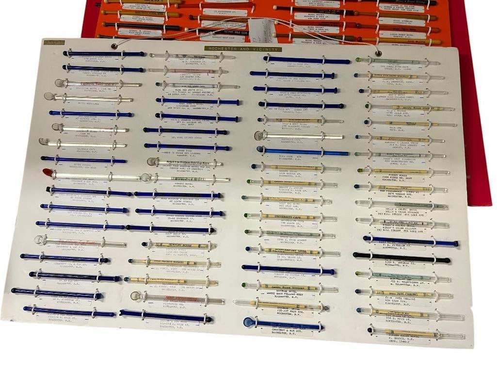 Collection of Drink Stirrers: Collection of Drink Stirrers from Rochester NY, Foreign Airlines, Trains, Shipping Lines etc.. 5 boards.