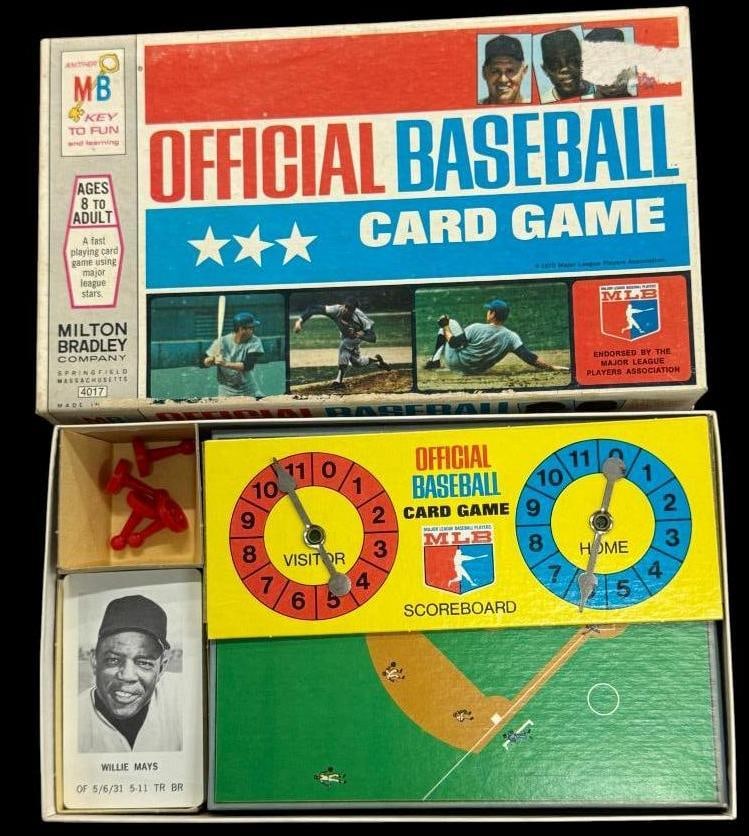 1970 Milton Bradley Official Baseball Card Game: 1970 Milton Bradley Official Baseball Card Game. Complete in original box, with all pieces. Includes 28 star player cards. Box approx. 10 x 6 x 2 inches.