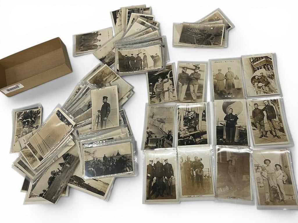 Antique Military Real Photo Postcards: Antique Military Real Photo Postcards. Approx. 120 pieces. Including Soldiers, Ships, Gas masks, Cuba and more. Most in sleeves.