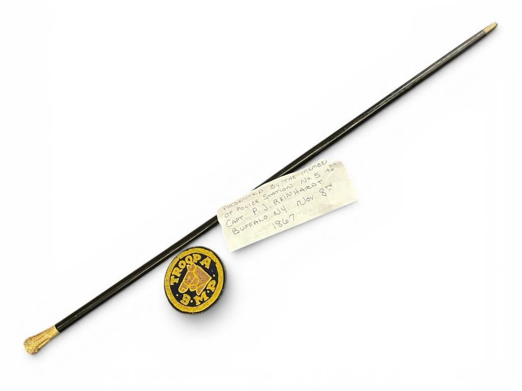 Capt. P.J. Reinhardt Walking Stick and Patch: Capt. P.J. Reinhardt 1867 dated Walking Stick presented by the members of Police Station No. 5 and Patch. Approx. 36 inches.