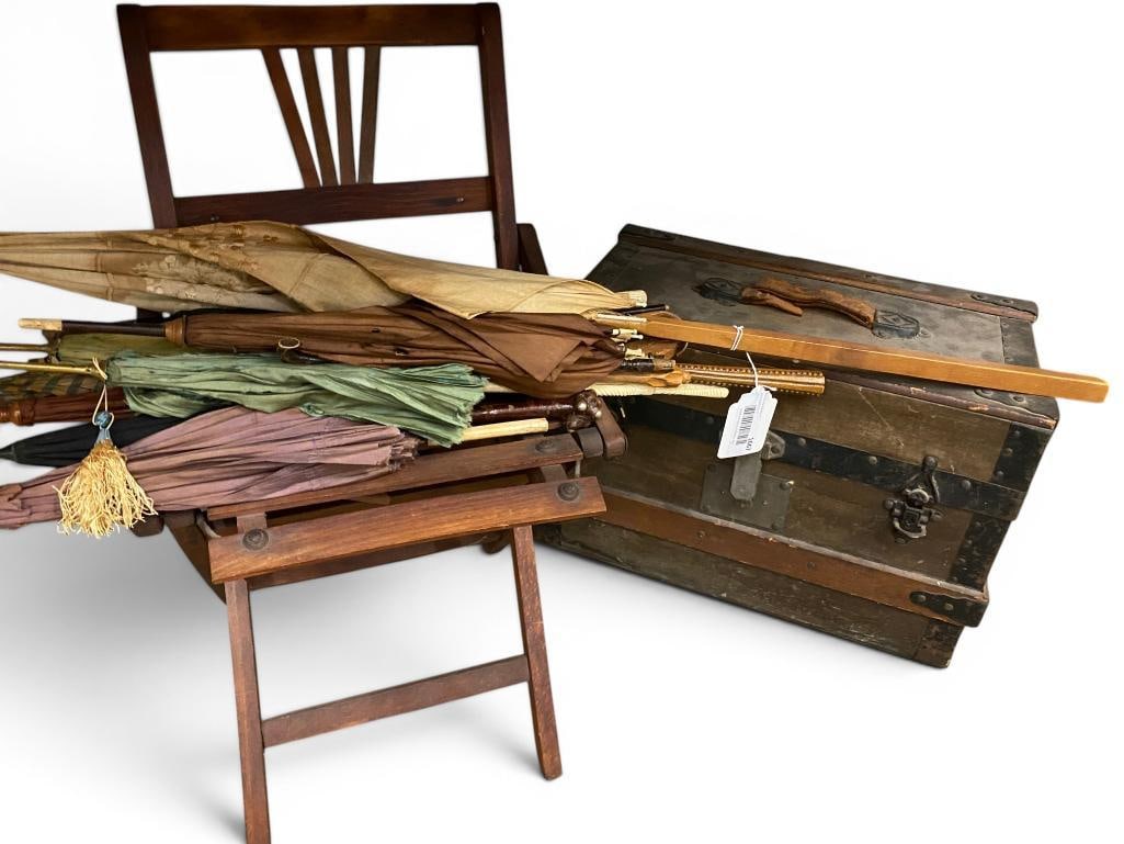 Small Trunk, Umbrellas and Folding Chair: Small Trunk, Umbrellas and Folding Chair. 12 pieces.
