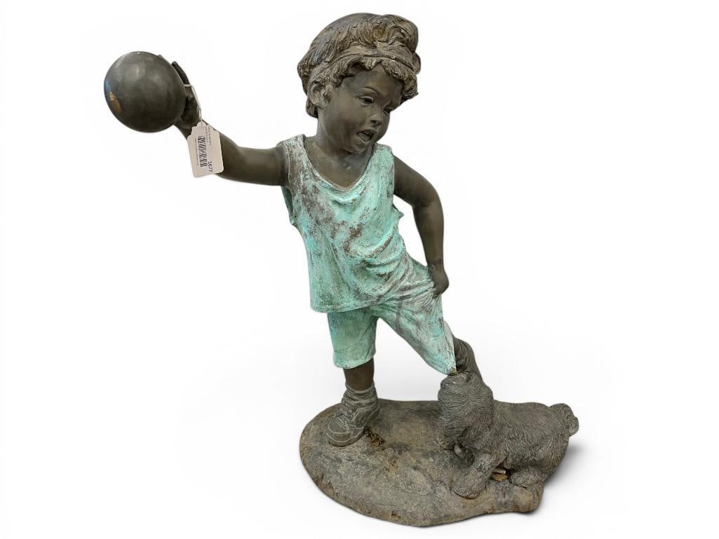 Bronze Boy and dog statue: Bronze Boy and dog statue. Approx. 37 x 30 x 15 inches.