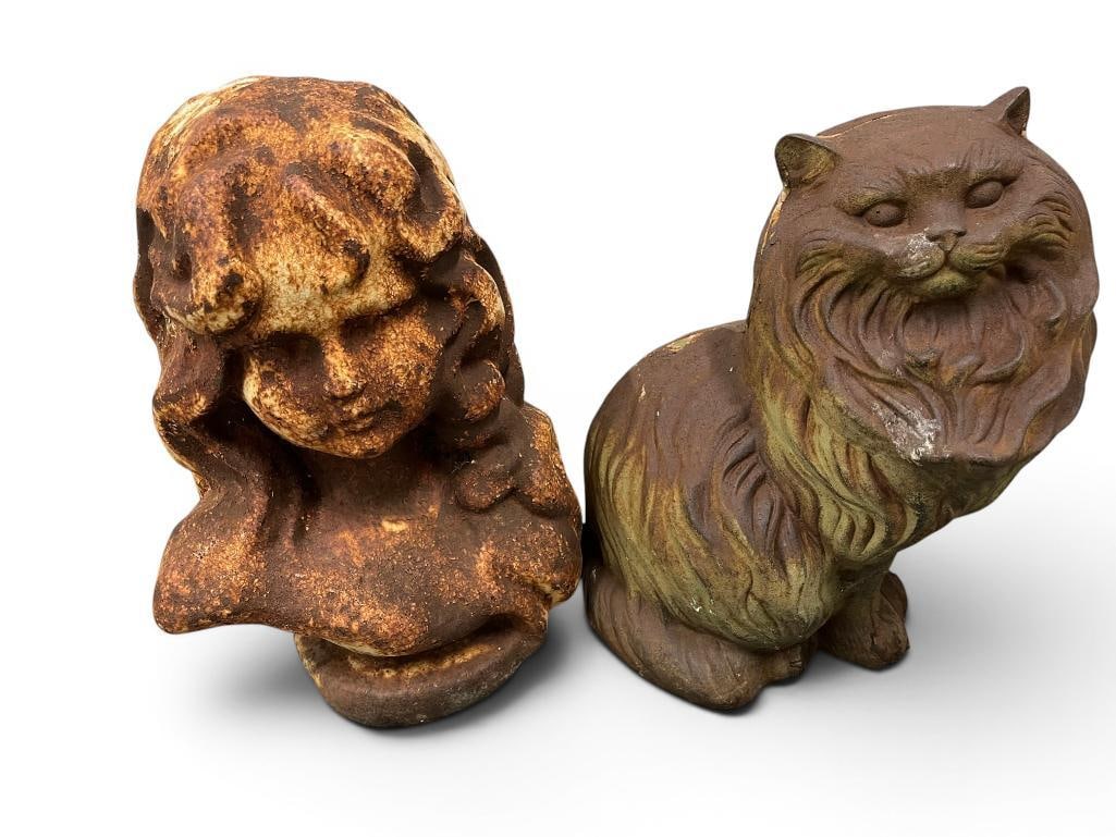 Cast Iron Cat and Female Bust: Cast Iron Cat and Female Bust. Cat approx. 14 x 12 x 10 inches.