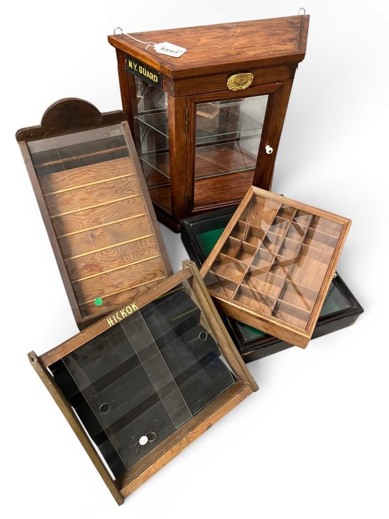 5 Wood Display Cases: 5 Wood Display Cases. Largest approx. 21 x 21 x 8 inches.
