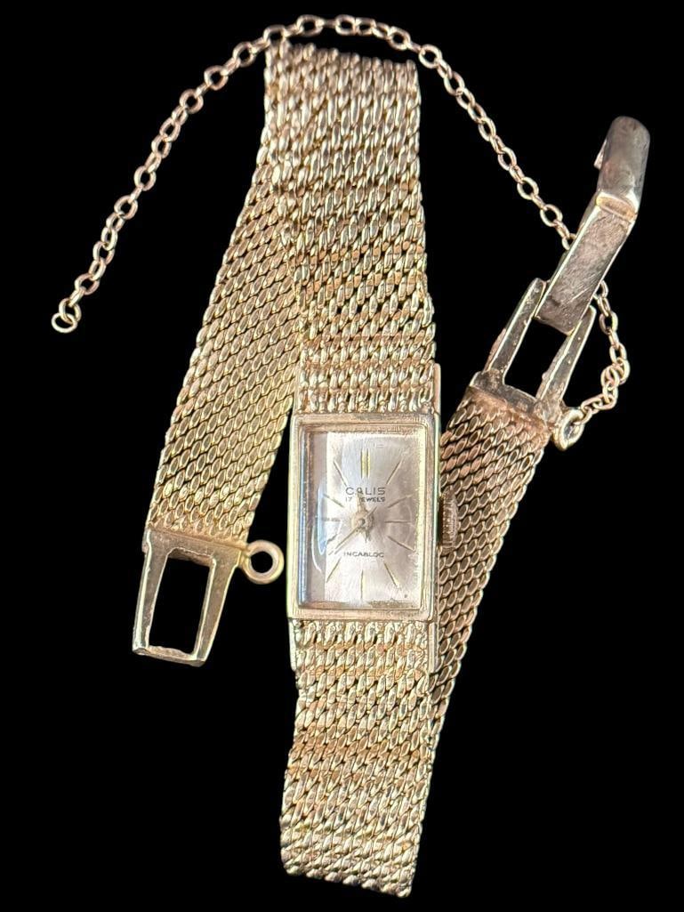 14k Gold Watch with 14k Watch Band: 14k Gold Watch with 14k Watch Band. Total weight without works approx. 18.8 grams. Calis 17J.
