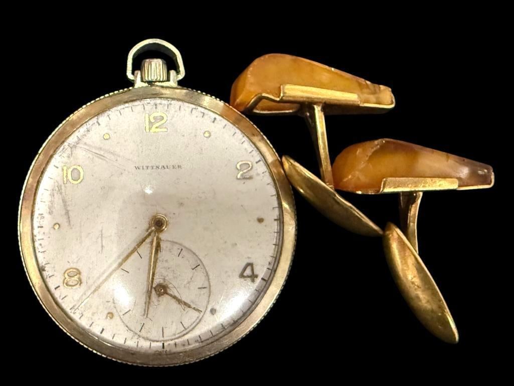 8k Gold Cufflinks and Gold Filled Pocket Watch: 8k Gold Cufflinks with amber colored stones and Witnauer 15J Gold Filled Pocket Watch.