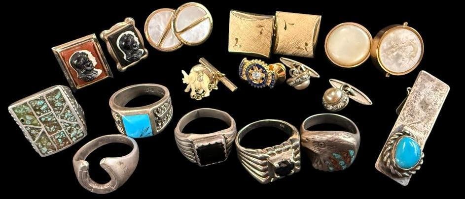 Sterling Silver and Turquoise Rings etc.: Sterling Silver and Turquoise Rings, tie bar. Also included, cufflinks and tie tacks, not sterling. Approx. 12 pieces.