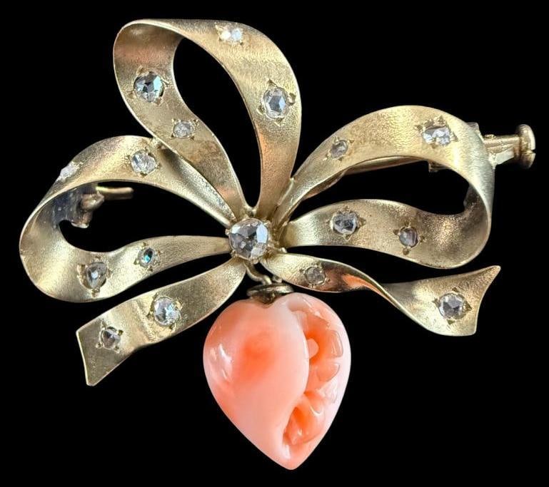 14k Gold and Diamond Coral Pin: 14k Gold and Diamond Coral Pin. Approx. 6 grams. Approx. 1.25 x 1.25 inches.