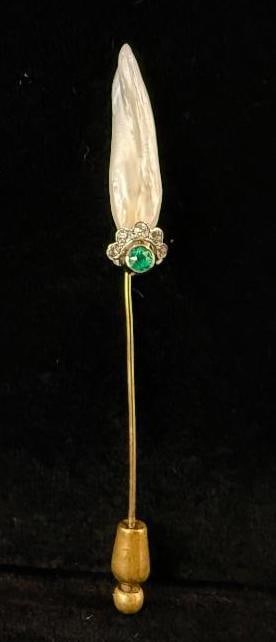 14k Gold Stick Pin with Pearl, Emerald and Diamonds: 14k Gold Stick Pin with Pearl, Emerald and Diamonds. Approx. 3 inches long.