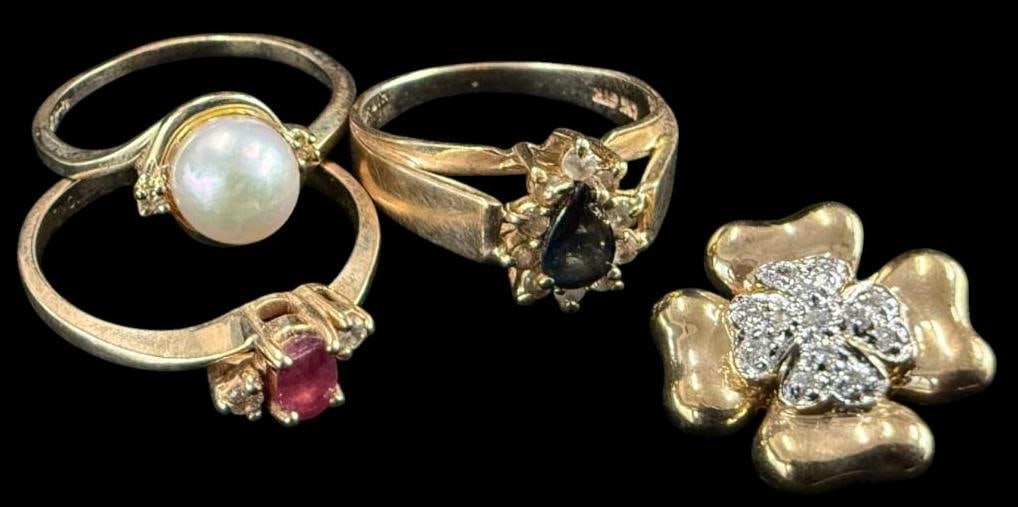 10k Gold Rings and Pin: 3 10k Gold Rings and 1 Pin. 4 pieces total. Approx. 8.6 grams.
