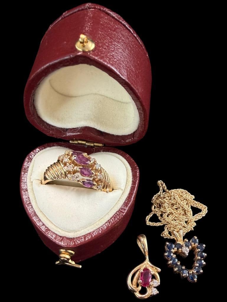 14k Gold Ring, Necklace and Pendant: 14k Gold Ring, Necklace and Pendant with stones. Approx. 7.1 grams. 3 pieces.