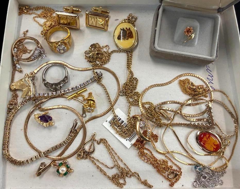 Group of Mostly Gold Filled / Plated Jewelry: Group of Mostly Gold Filled / Plated Jewelry. Including rings, necklaces, pins and more. Approx. 20 pieces.