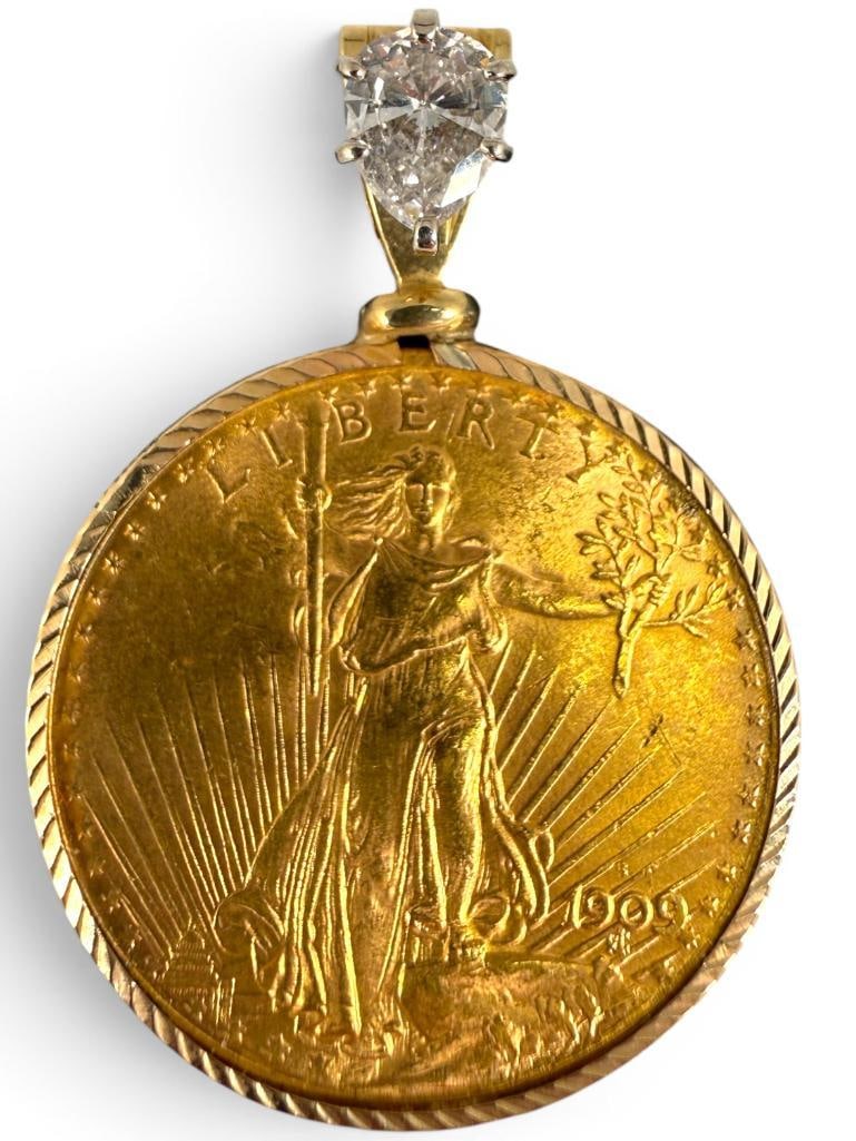 1909 S Twenty Dollar St.Gaudens Gold Coin: 1909 S Twenty Dollar St.Gaudens Gold Coin in bezel.