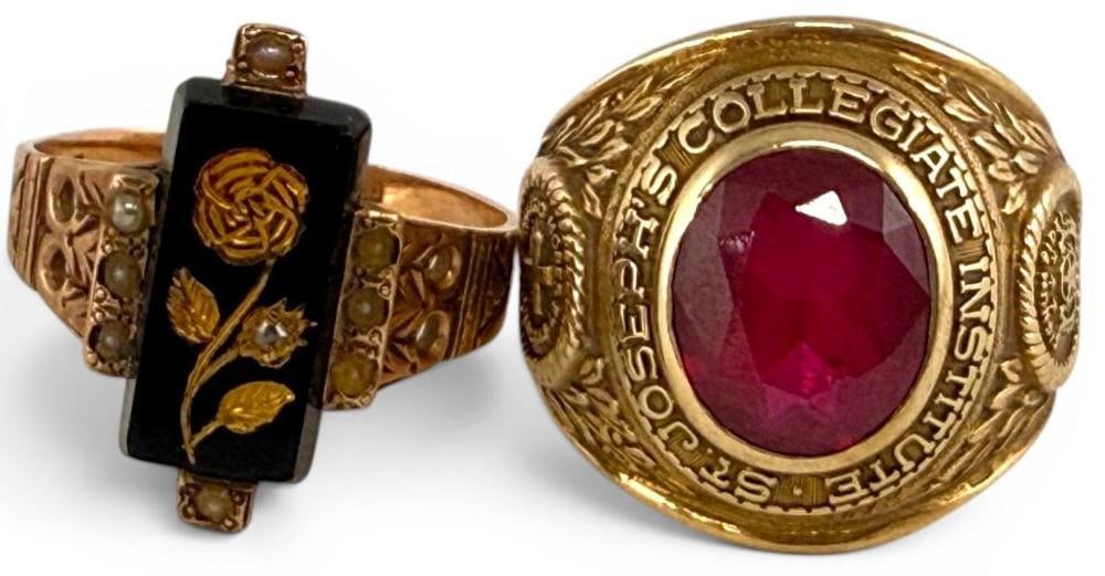 10k Gold School ring and 14k ring with Stones: 10k Gold School ring and 14k ring with Stones. 2 pieces. Total weight approx. 18.1 grams. 10k St. Joseph's Collegiate Institute ring approx. 14.5 grams. Approx. size 6. 14k ring with stones approx. 3.