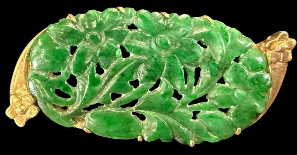 14k Gold and Jade Pin: 14k Gold and Jade Pin. Approx. 1 3/4 x 3/4 inches.