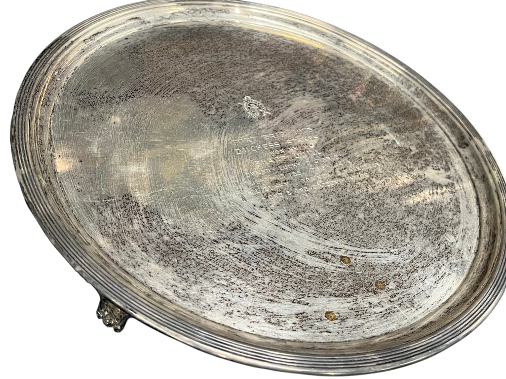 Birks Sterling Silver footed tray: Birks Sterling Silver footed tray. Approx. 31.8 ozt. This was a trophy for the Fort Erie 1973 Duchess Stakes. Approx. 12.25 inches diameter.