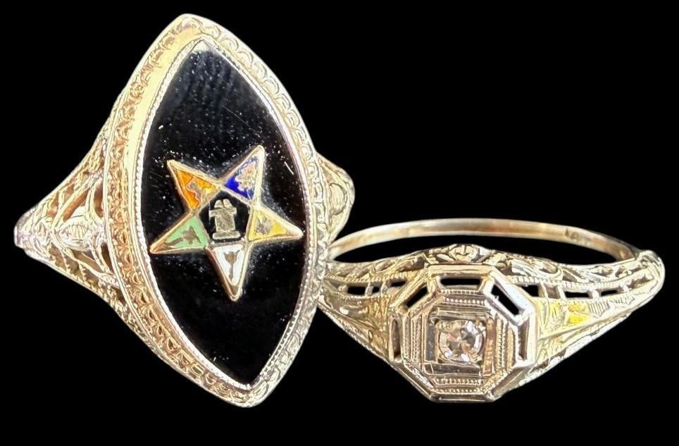 2 14k Gold Rings: 2 14k Gold Rings. Approx. 3.5 grams. One has the Order of the Eastern Star. One Art Deco with diamond.