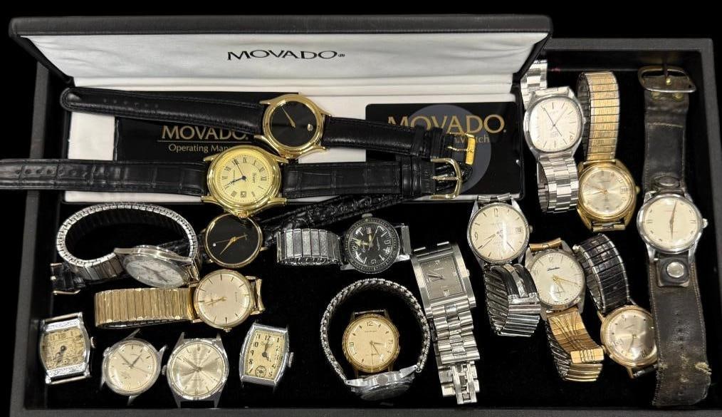 Group of 19 Watches: Group of 19 Watches. Including Movado, Stauer, Bulova, Phenix, Fossil, Landau, Helbros, Waltham, Timex, Elgin and more.