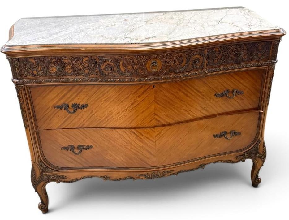 Mahogany Commode with Marble Top: Finely carved Mahogany Commode with Marble Top. Approx. 36 x 53 x 26 inches.