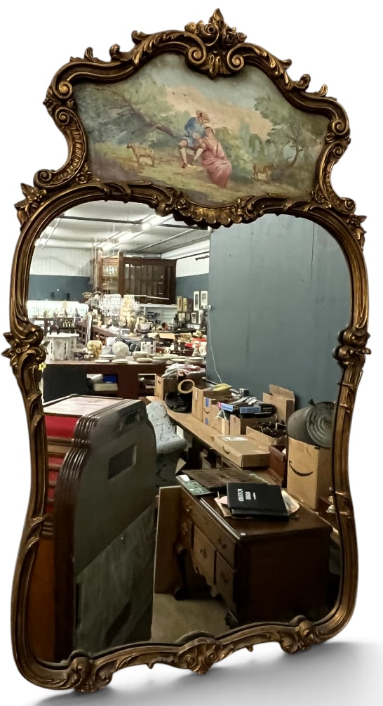 Antique giltwood wall mirror: Antique giltwood wall mirror with hand painted pastoral scene. Approx. 49 x 29 inches.