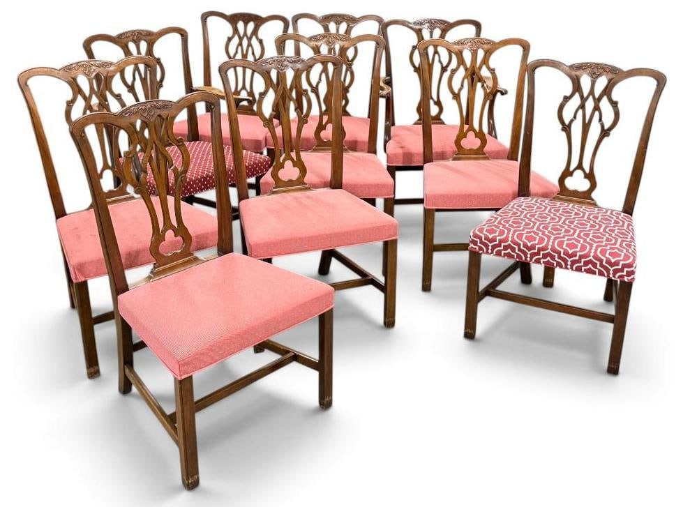 10 Georgian Style Mahogany Chairs: 10 Georgian Style Mahogany Chairs. 2 chairs have arms. Approx. 38 x 25 x 22 inches.