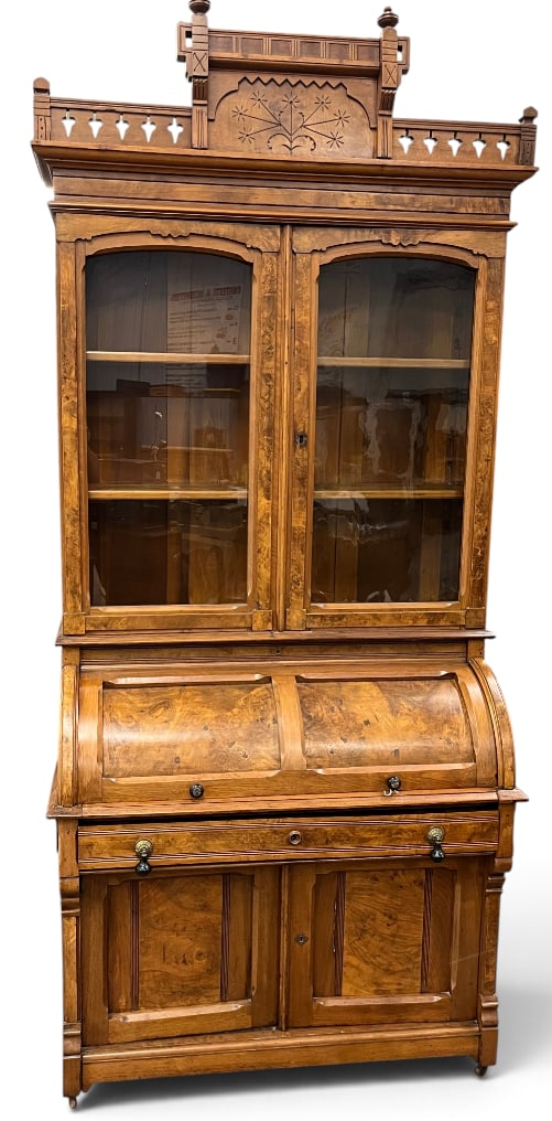 Victorian Walnut and Burl Secretary Desk: Victorian Walnut and Burl cylinder roll top Secretary Desk. Approx. 100 x 44 x 22 inches.