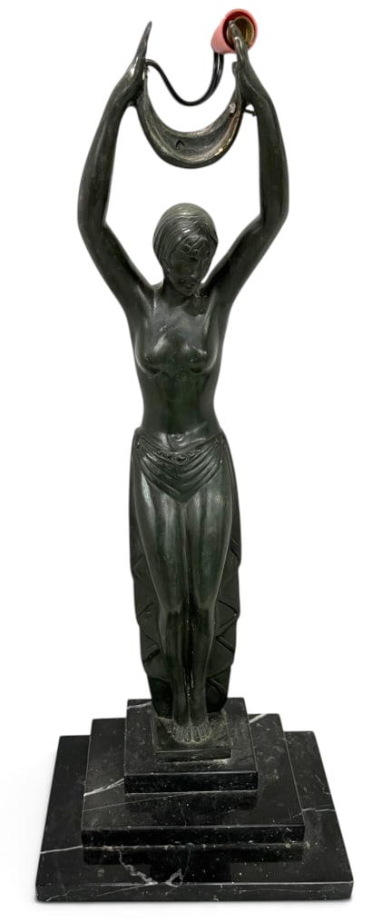 Signed Art Deco Lady Lamp: Art Deco Lady Lamp "Waterwoman". Patinated metal on marble base. Designed by Pierre Le Faguays, signed with pseudonym Fayral. Approx. 22 x 9 x 6 inches.