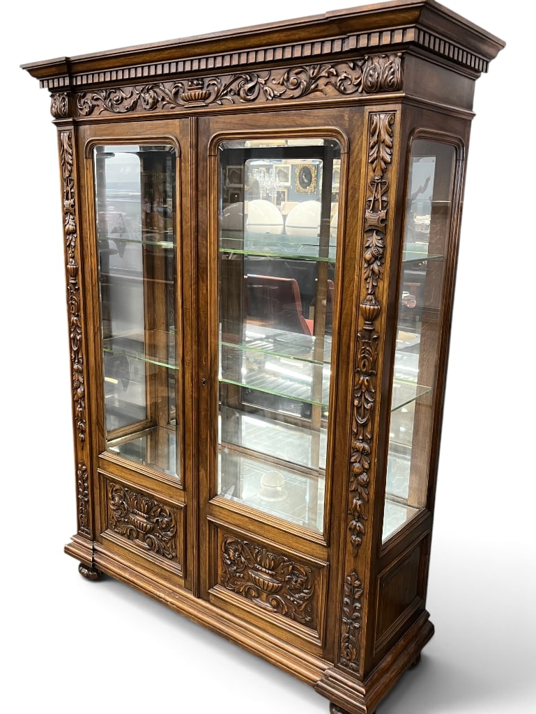 E. Jacquemin French Revival Display Cabinet: Wonderfully carved walnut E. Jacquemin French Revival Display Cabinet. Approx. 70 x 53 x 17 inches.