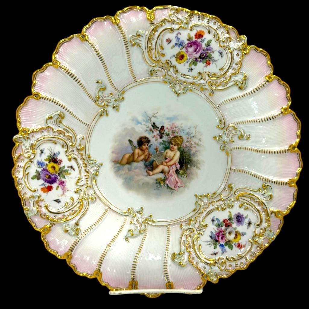 Gold Gilt Meissen Plate with Cherubs: Gold Gilt Meissen Plate with Cherubs and flowers. Approx. 11.5 inches.