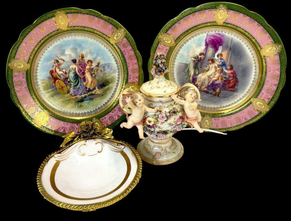 Royal Vienna Plates, Cherub Urn and Trinket Dish: Royal Vienna Plates, Cherub Urn and Trinket Dish. 4 pieces. Plate approx. 9.5 inches.