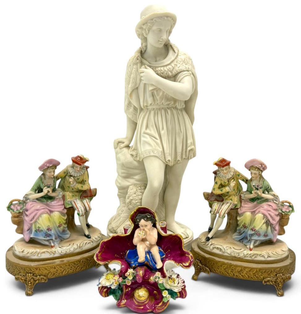 Parian Statue, Loving Couples figures and more: Parian Statue of a young farm boy , Loving Couples figures lamp bases and Cherub Inkwell. 4 pieces. Statue approx. 16 x 6 x 5 inches.