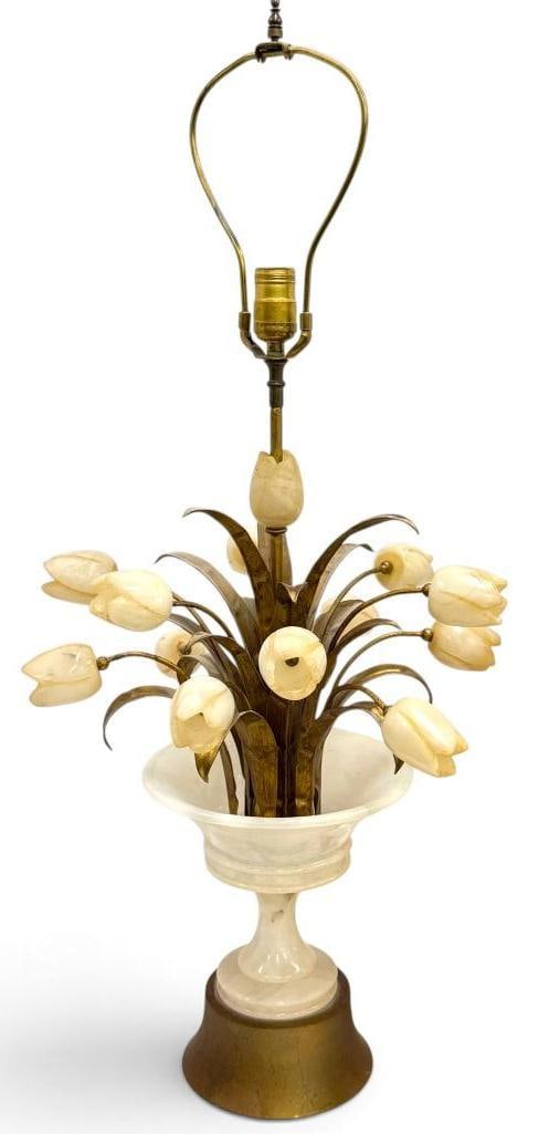Alabaster and Gilt metal Tulip Lamp: Hollywood Regency Alabaster and Gilt metal Tulip Lamp. Approx. 34 x 16 x 16 inches.