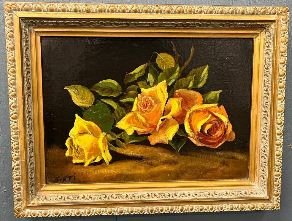 Tony Sisti signed oil on board: Tony Sisti (Anthony J. Sisti 1907-1983) signed oil on board, still life of roses. Approx. 12.5 x 9.5 inches. Frame approx. 16.5 x 13.5 inches.