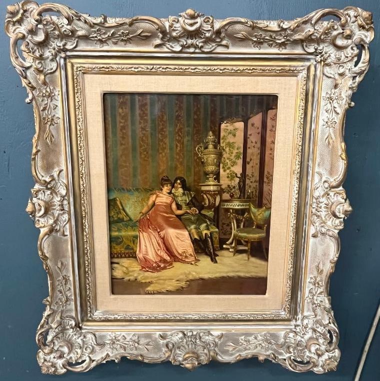 Frederic Soulacroix signed oil on canvas: Frederic Soulacroix (1858-1933) signed oil on canvas. Highly celebrated in the late 19th and early 20th centuries for his romantic genre scenes, elegant female figures and hyper realistic renderings o
