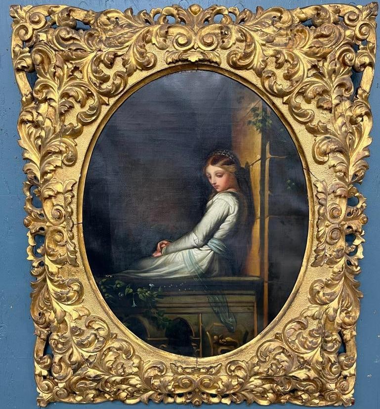 Maiden on a balcony Oil on Canvas: Very well done Maiden on a balcony Oil on Canvas in fabulous heavily carved gold gilt frame. Approx. 28.5 x 21.5 inches. Frame approx. 42 x 35 inches.