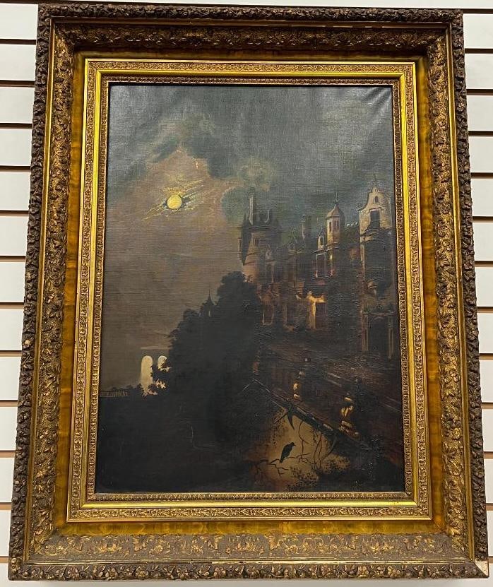 Castle in Moonlight Oil on Canvas: Castle in Moonlight Oil on Canvas in gold gilt frame. Unsigned. Approx. 25.5 x 18.5 inches. Frame approx. 33.5 x 26.5 inches.