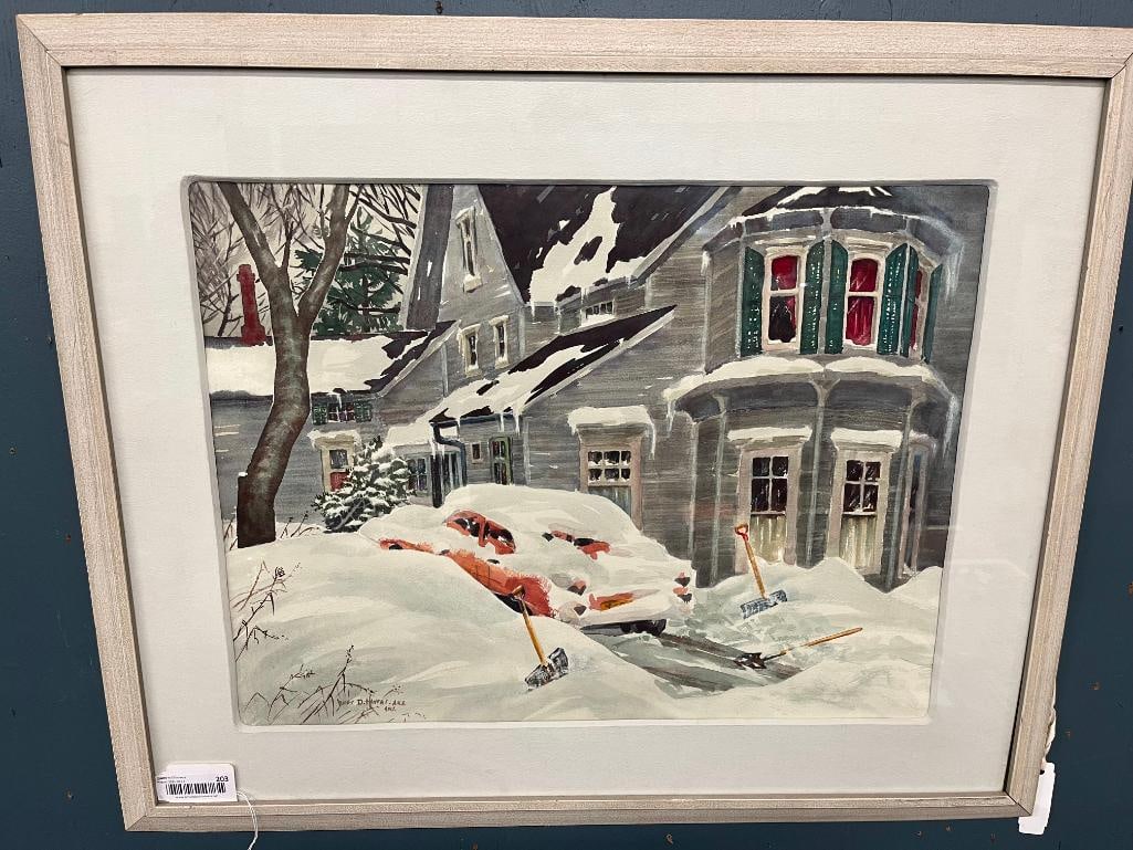 James D. Havens signed watercolor: James D. Havens signed watercolor f a winter scene. Approx. 24 x 18 inches. Frame approx. 33 x 27 inches..