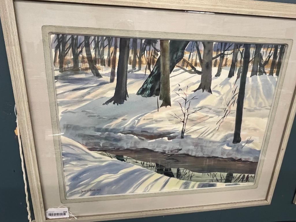 James D. Havens signed watercolor: James D. Havens signed watercolor f a winter landscape. Approx. 24 x 18 inches. Frame approx. 33 x 27 inches.