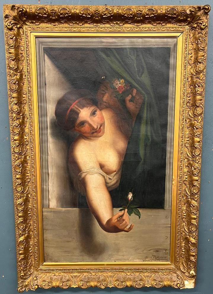 Oscar Angenot "The Offering" oil on canvas: Oscar Angenot "The Offering" oil on canvas. Approx. 34 x 20 inches. Frame approx. 43 x 29 inches.