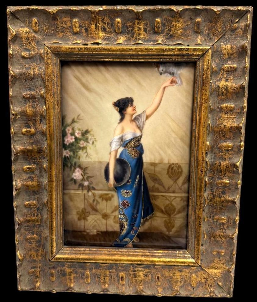 Antique painting on porcelain Woman with Parrot: Antique painting on porcelain Woman with Parrot. Approx. 6.5 x 4.5 inches. Frame approx. 10 x 8 inches.