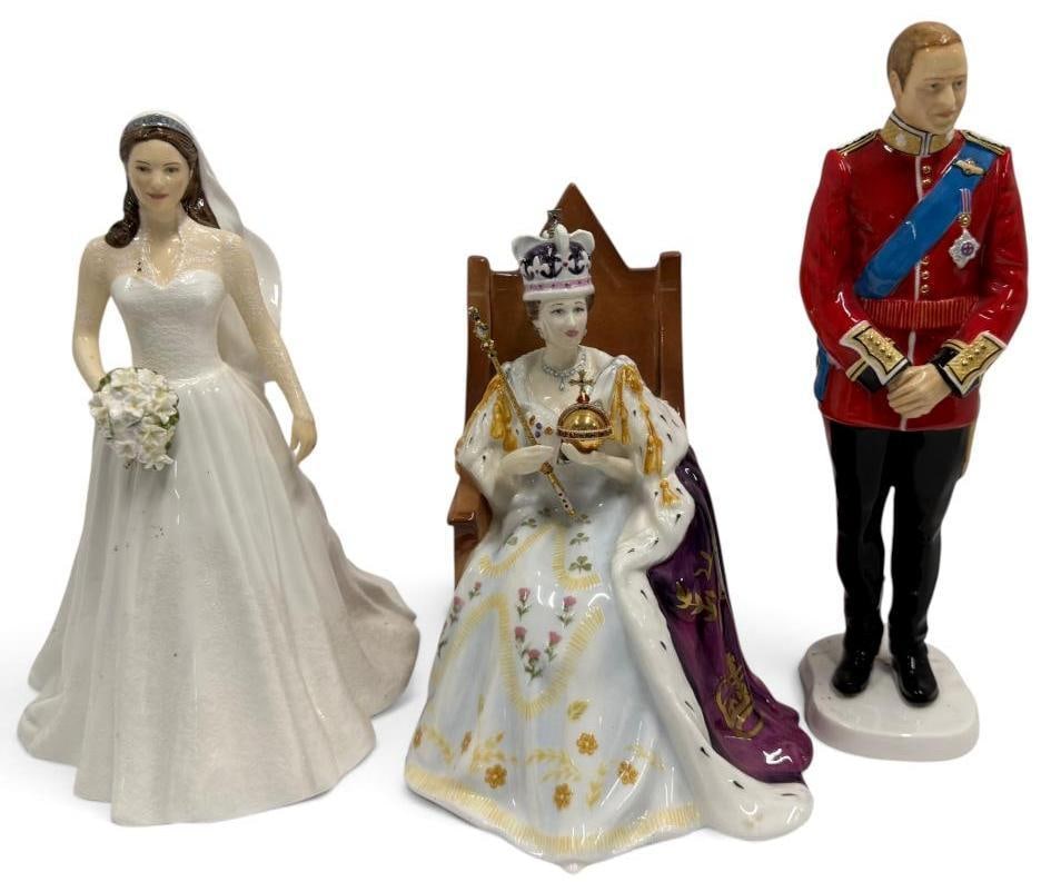 3 Royal Doulton Royal Family Figures: 3 Royal Doulton Royal Family Figures. Including Royal Wedding Day series Prince William and Catherine Duchess of Cambridge. Diamond Jubilee Queen Elizabeth. Prince approx. 10 inches tall.