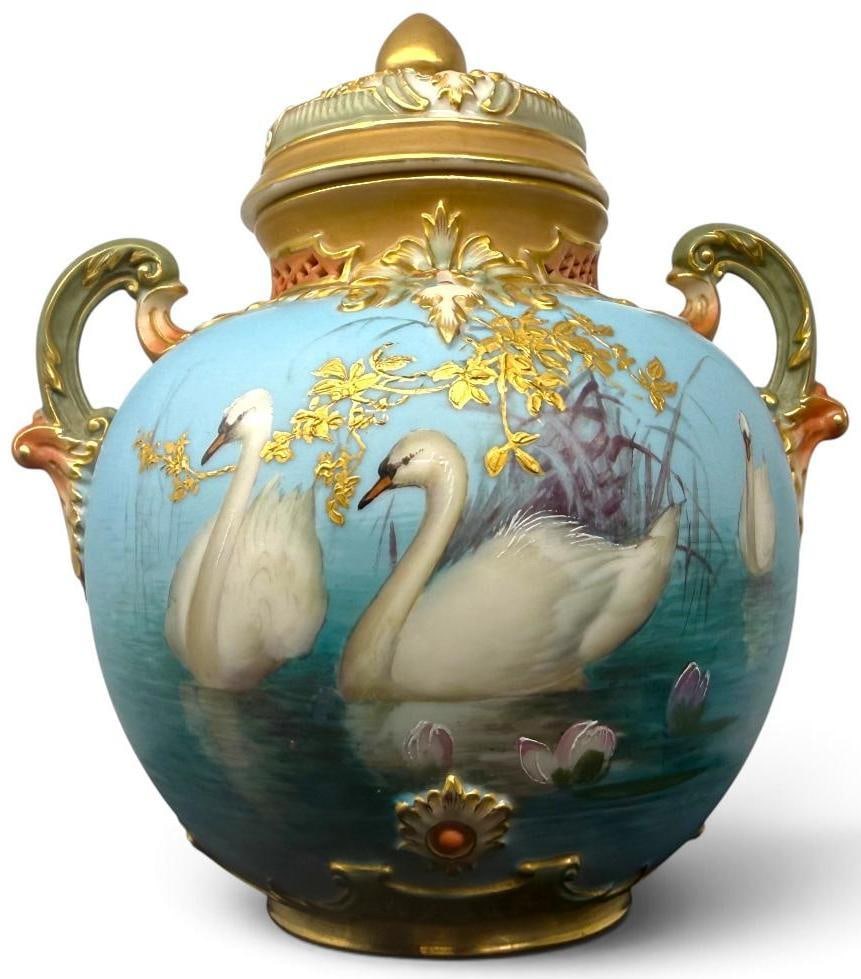 Antique Royal Worcester Vase with Swans: Antique Royal Worcester hand painted Vase with Swans and gold gilt. Painted by Charles Baldwyn, c.1900. Approx. 5.5 x 6 x 6 inches.