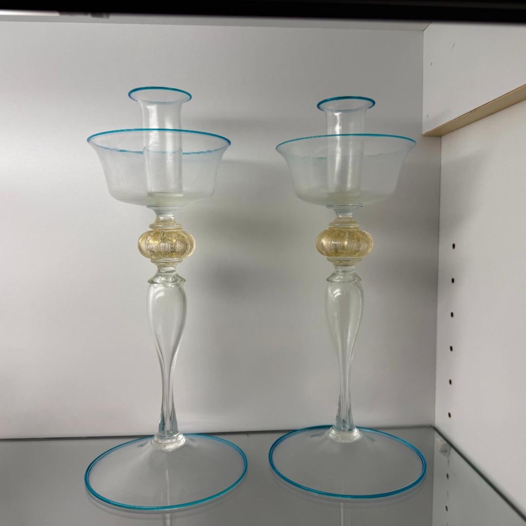 Pair of Murano Art Glass Candle Sticks: Pair of Murano Art Glass Candle Sticks. Approx. 12 x 5 x 5 inches.