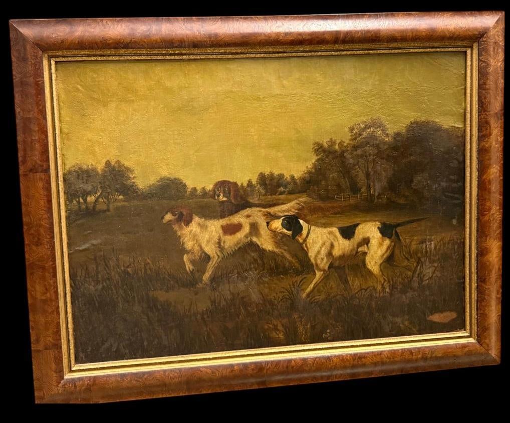 McWhorter 1876 signed oil on canvas: McWhorter 1876 signed oil on canvas of hunting / sporting dogs in a field. Approx. 29.5 x 22 inches. Frame approx. 35.5 x 27.5 inches.