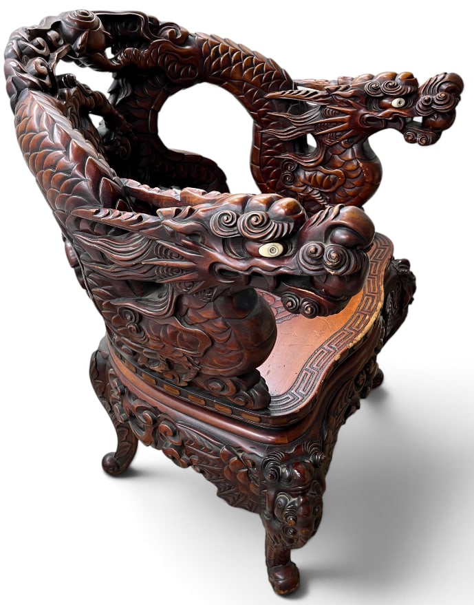 Asian Carved Dragon Chair: Asian Carved Dragon Arm Chair. Approx. 34 x 27 x 20 inches.