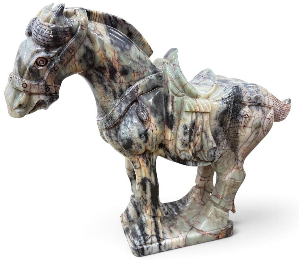 Large Carved Stone Horse Sculpture: Large Carved Stone Horse Sculpture, Chinese Tang Dynasty style, " Tang Horse ". Approx. 24 x 29 x 8 inches. Local pick up or 3rd party shipping only.
