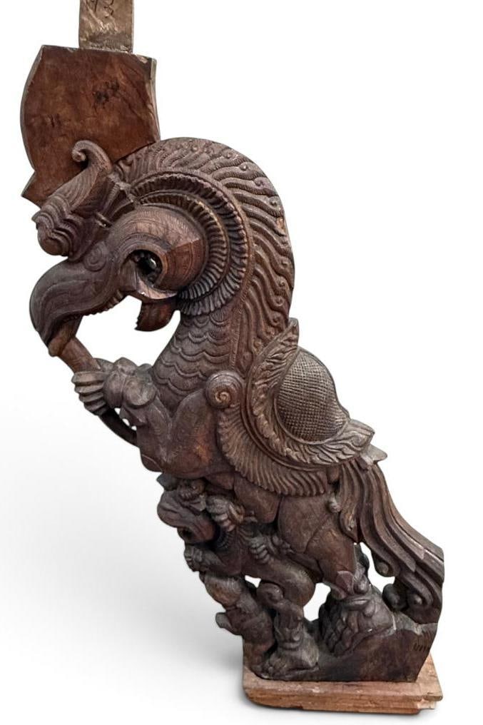 Finely Carved wooden Yali architectural piece: Finely Carved wooden Yali architectural piece. Likely from South India, Tamil Nadu, 19th century. Approx. 50 x 30 x 6 inches.